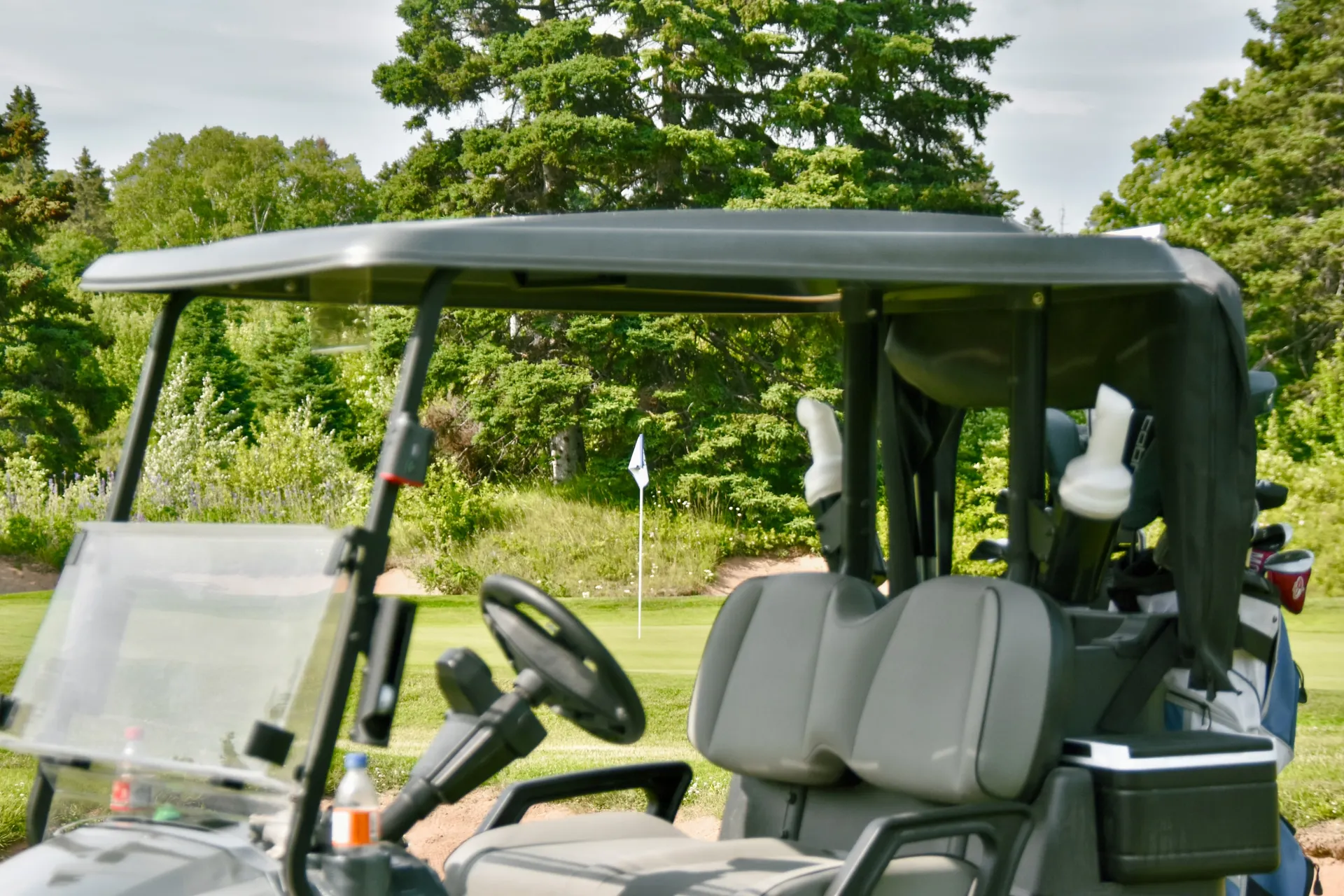 A golf cart parked beside a green, with clubs in the back and a flagstick ahead.