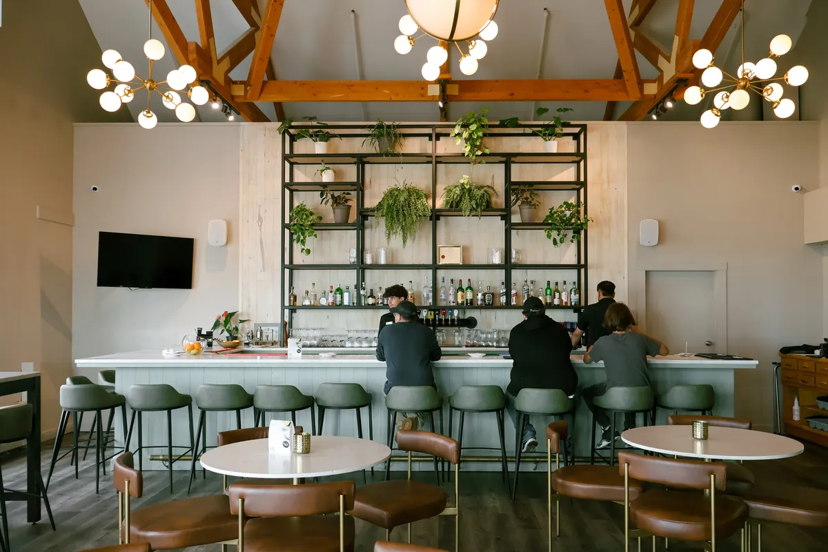 Guests seated at a white bar under a plant-lined bottle shelf and globe lights.