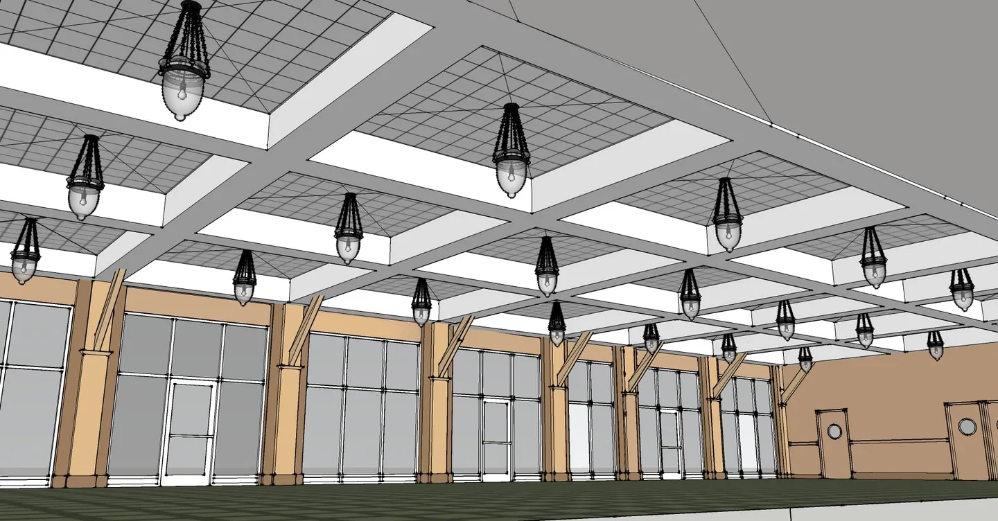 Architectural rendering of the Ceilidh Hall interior, with a coffered ceiling and hanging lanterns