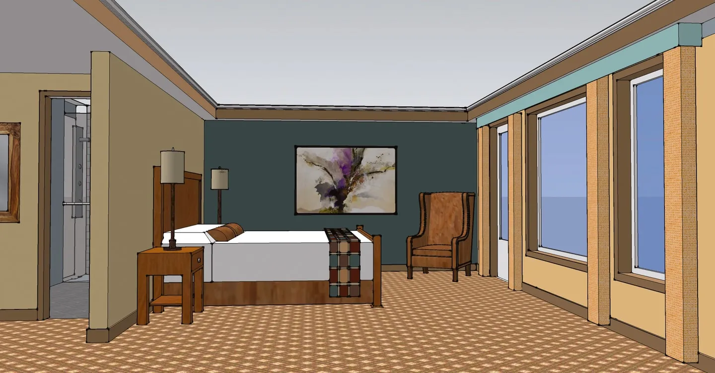 Architectural rendering of an Inn at Keltic bedroom, with a bed, armchair, and ocean windows