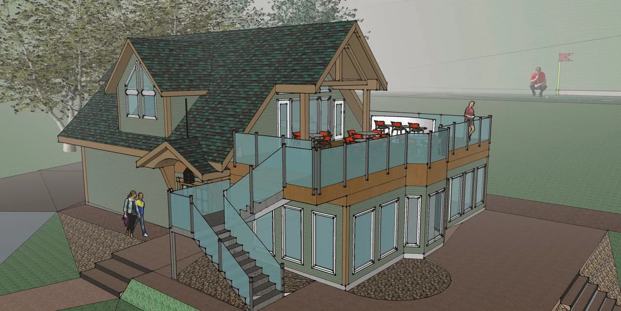 Architectural rendering of the clubhouse, with a timber deck, glass railings, and a view toward the green