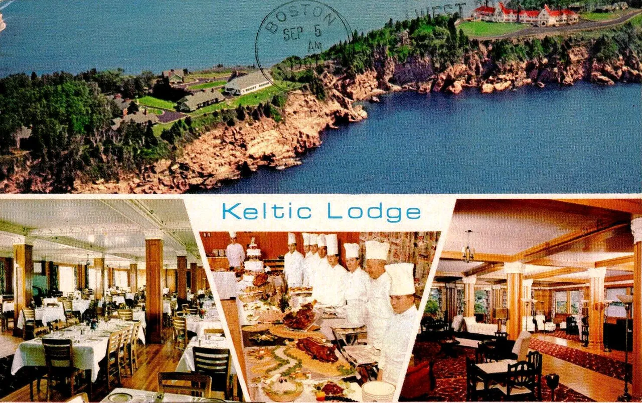 A vintage Keltic Lodge postcard showing the shoreline and the dining room.