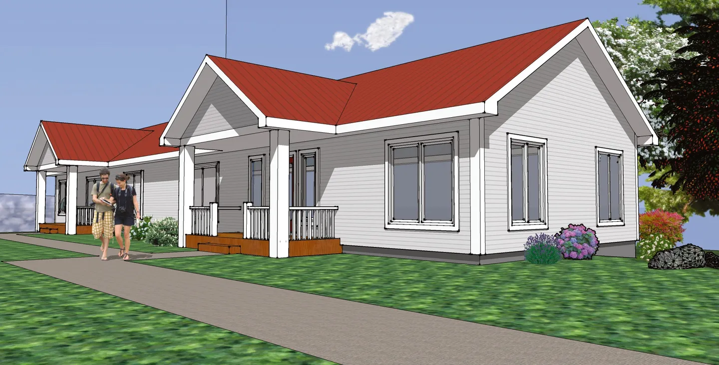 Architectural rendering of white Argyle cottages with red roofs and a couple walking the path