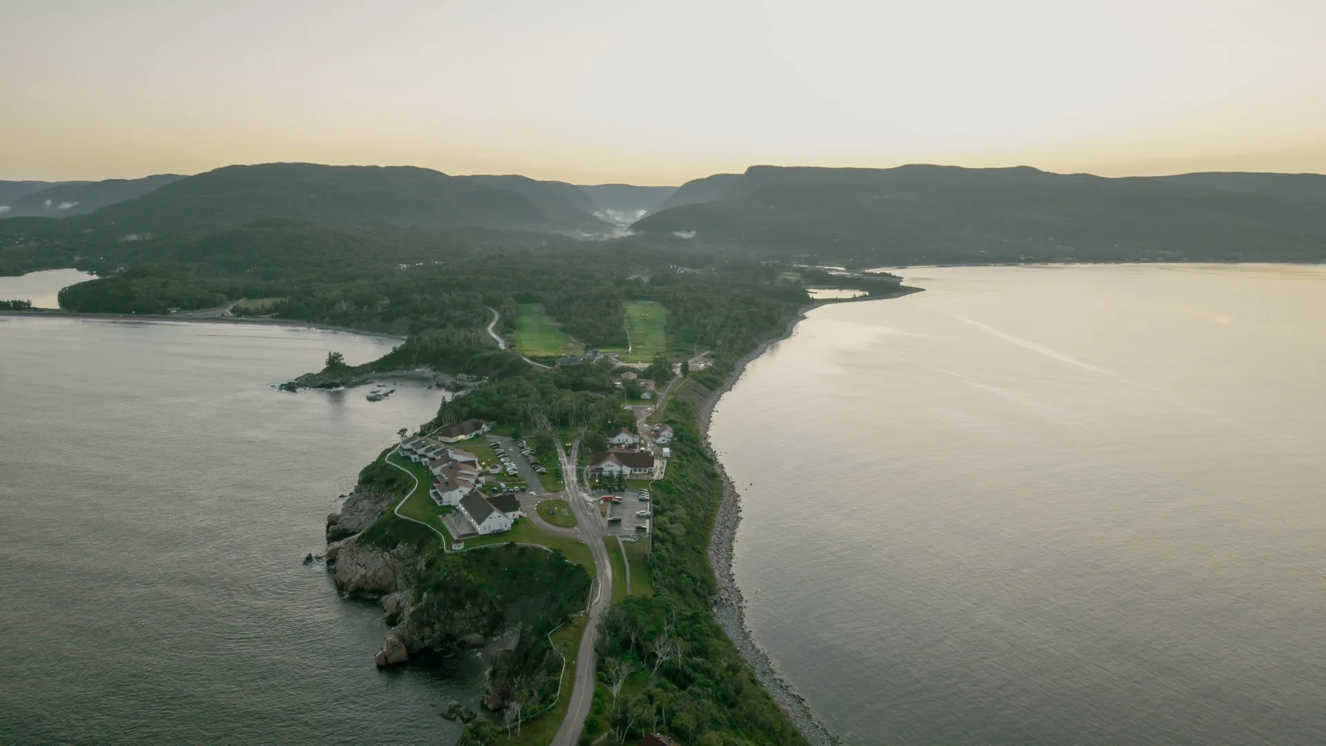 Aerial view of The Keltic Resort on the Cape Breton coast at dusk